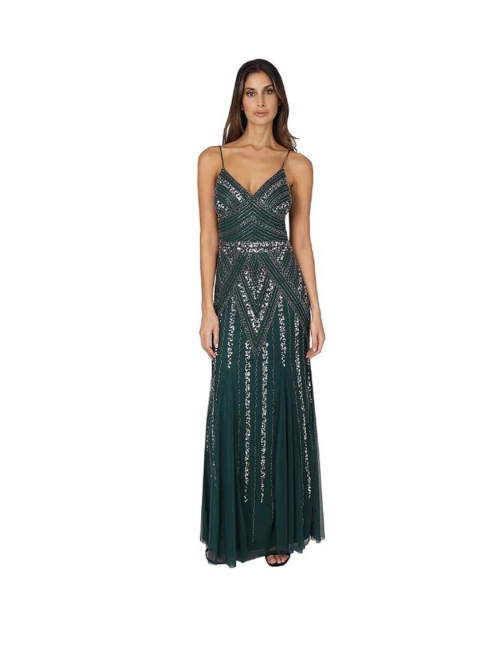 MARINA Emerald Green Sequin Spaghetti-Strap Gown